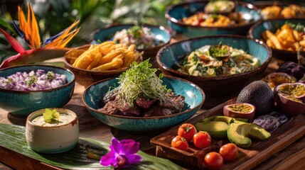 Gourmet meal arrangement with meat salad and exotic ingredients on rustic table