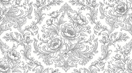 Obraz premium Elegant floral pattern featuring peonies and intricate detailing on a white background