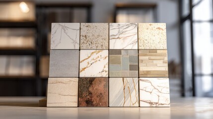 Selection of stone and marble tile samples for interior design