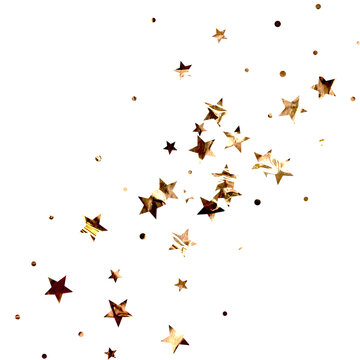 Scattered rose gold star confetti and circles isolated on transparent background for festive decoration