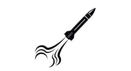 A sleek black rocket ship is depicted in mid flight leaving a trail of dynamic curved exhaust flames behind it © VoDesign02