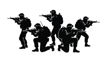 Fototapeta premium A stark silhouette depicts a squad of armed soldiers in tactical gear advancing forward with determination high quality professional