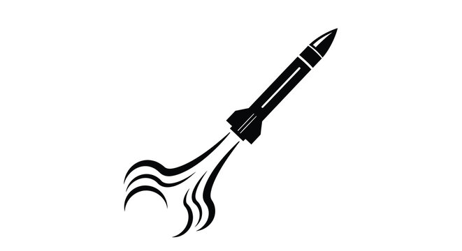 A sleek black rocket ship is depicted in mid flight leaving a trail of dynamic curved exhaust flames behind it