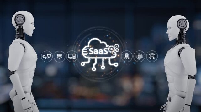 Two humanoid robots engage in a futuristic discussion about software as a service in a modern office setting, highlighting advanced technology and innovation. Synapse