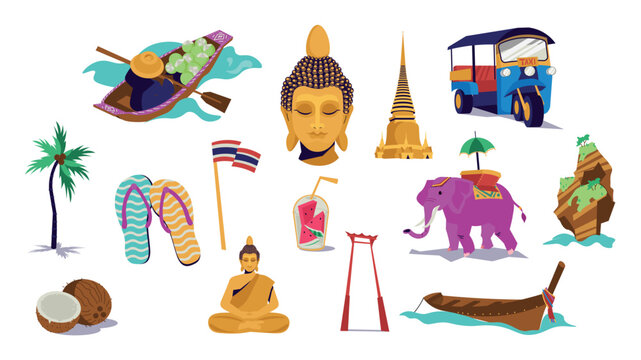 Thailand culture elements set design. Collection with human on boat with fruits, Buddha head and meditation pose statue, traditional buildings, tuk tuk taxi, elephant, flag, more. Vector illustration.