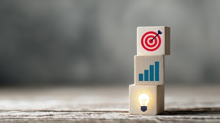 Business strategy concept with wooden blocks showing icons of target, growth, and creative idea