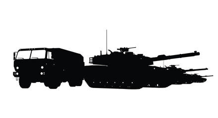 A stark silhouette depicts a military convoy including a tank and armored vehicle against a white background high quality © VoDesign02