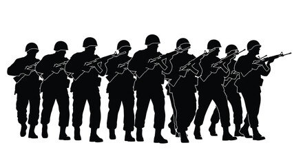 A line of silhouetted soldiers stands at attention each holding a rifle depicting a military formation high quality professional © VoDesign02