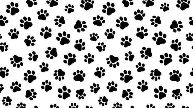 Repeating pattern of black paw prints on a white background, suitable for fabric or wallpaper design