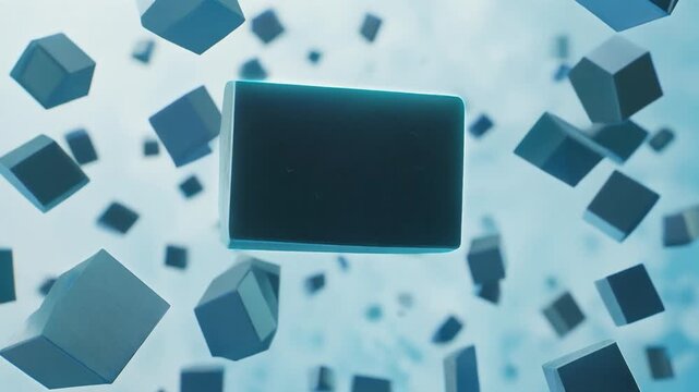Floating, textured, blue cuboids against a soft, blurred light blue background