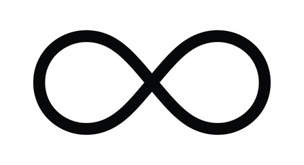 A stark black infinity symbol is prominently displayed on a clean white background representing endlessness high quality professional detailed
