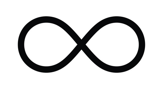 A stark black infinity symbol is prominently displayed on a clean white background representing endlessness high quality professional detailed