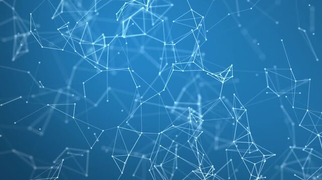 Blue graphic plexus background with moving lines and dots, abstract futuristic network backdrop. Seamless loop. Zoom effect