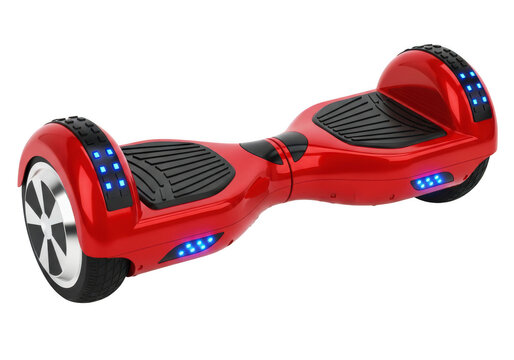 Red hoverboard with black footpads and blue lights on a transparent background