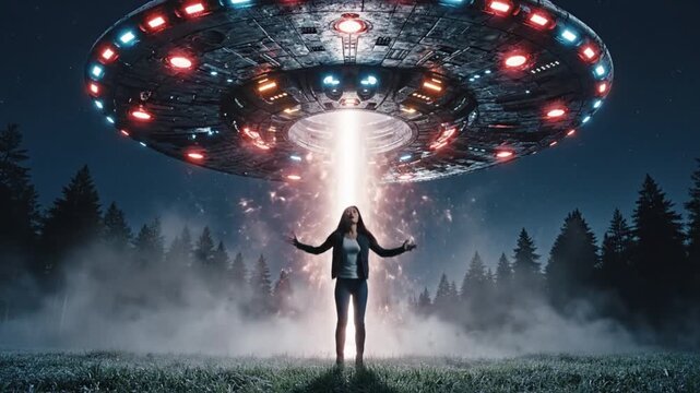 Mystery Alien Spaceship Silhouette Floating Above Quiet Meadow Landscape. 4K Video	