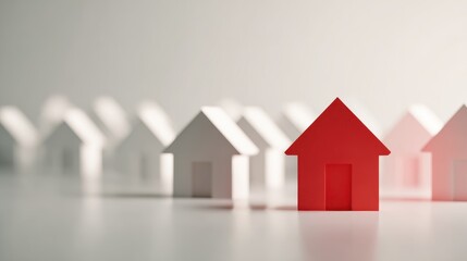 One red house model among white house models isolated on white background