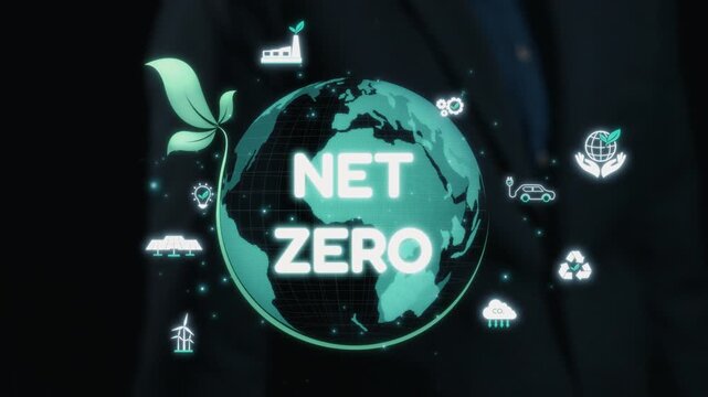 This image depicts the concept of net zero emissions, featuring a globe with green leaves and various environmental icons, embodying the vision of a sustainable future. Qubit