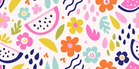 Colorful pattern featuring stylized fruits flowers and abstract shapes © Tapan