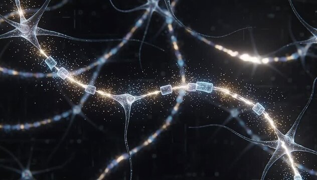 Highly detailed macro view of digital synapses exchanging glowing data sparks across microscopic neural junctions, electric particles bursting from one neuron terminal and bridging to another