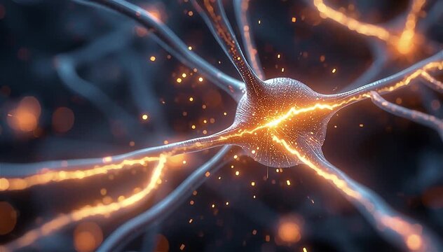 Highly detailed macro view of digital synapses exchanging glowing data sparks across microscopic neural junctions, electric particles bursting from one neuron terminal and bridging to another
