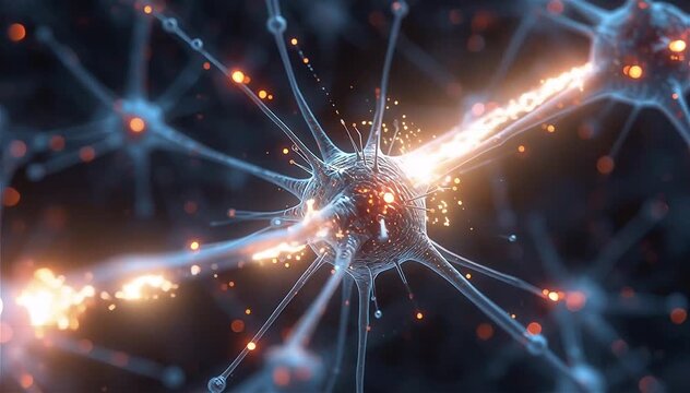Highly detailed macro view of digital synapses exchanging glowing data sparks across microscopic neural junctions, electric particles bursting from one neuron terminal and bridging to another