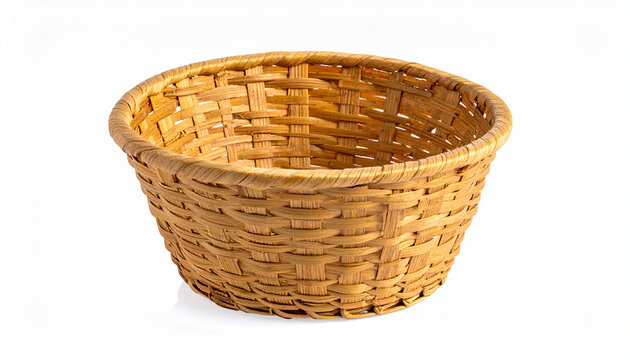 Rustic, hand-woven wicker basket, crafted from natural fibers, presented empty on a clean white background, highlighting its traditional design and texture