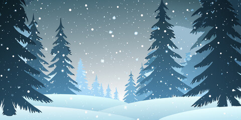 Winter landscape featuring snow covered trees and a softly lit background © Tapan