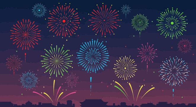 Colorful fireworks exploding over city skyline at night, celebration, festive background