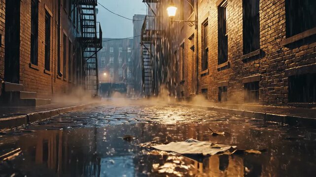 Rainy Night in Urban Alleyway with Puddles and Brick Buildings.