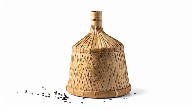 Traditional woven bamboo container for spices or grains, a rustic kitchen essential