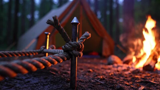 Rope Bridge and Campfire in Forest at Night.