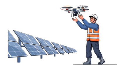 Solar Energy Inspection with Drone: An engineer stands at the forefront of the solar energy innovation, launching a drone over a field of solar panels. © hafs121