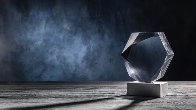 Clear crystal trophy award on rustic wooden table with dark moody atmosphere