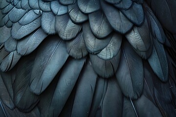 Fototapeta premium Close up of black bird plumage. Macro detailed view of shiny raven wing feathers. Natural avian background of dark plumage texture. Wildlife nature background with layered feather structure.