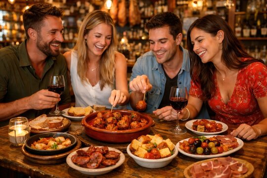 Freundesgruppe genie&szlig;t Alb&oacute;ndigas mit Rotwein in Tapasbar querformat
Freunde teilen Alb&oacute;ndigas und weitere spanische Tapas in geselliger Atmosph&auml;re.
