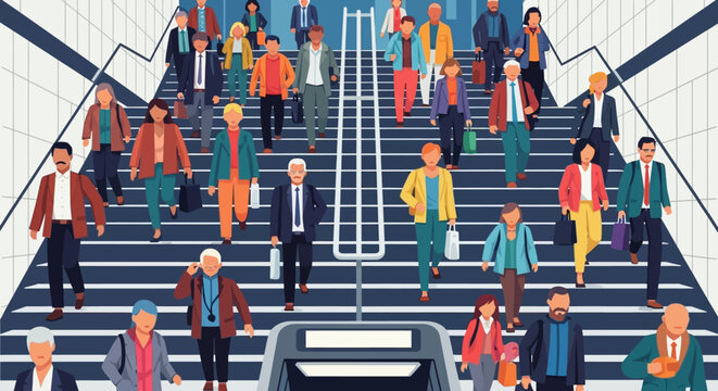 Crowd of diverse people walking up and down stairs in a modern subway station