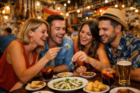 Freunde probieren Boquerones en Vinagre in spanischer Tapasbar querformat
Fr&ouml;hliche Freunde genie&szlig;en Boquerones en Vinagre gemeinsam in einer lebhaften spanischen Tapasbar.