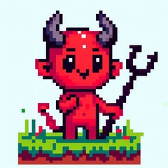 Obraz premium Cute Pixel Art Devil Character with Trident in Retro Style