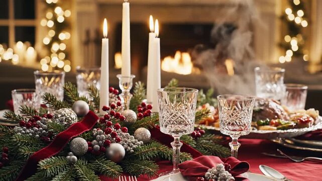 Elegant candlelight dinner table with romantic warm ambiance. 4K Video