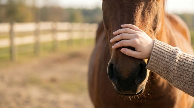 close-up shot capturing a gentle hand softly caressing the sensitive muzzle of a beautiful brown horse, illustrating a serene moment of calm connection and trust between human and animal 
