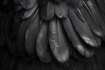 Fototapeta premium Close-up of layered black feathers of a bird wing. Macro shot displaying intricate texture and pattern of soft wildlife plumage. Abstract natural background with monochrome detail.