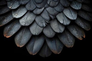 Fototapeta premium Macro detail of black bird feathers covered with sparkling water droplets. Texture of organic plumage with moisture. Abstract natural pattern for wildlife and environmental background.