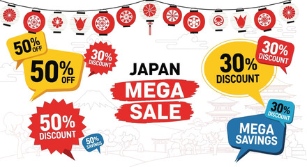 Naklejka premium Japan Mega Sale 50% 30% Discount Off Mega Savings Asian Festival Lanterns