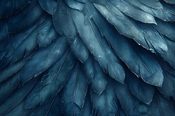 Obraz premium Close up of bird feathers with dark blue tint. Detailed texture of avian plumage overlay. Natural pattern of wing layer for creative background, abstract wildlife design and wallpaper.