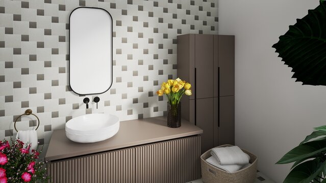 Modern bathroom with panoramic city view and lush greenery