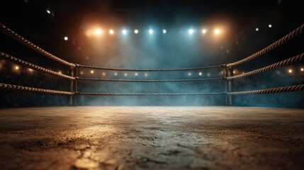 Fototapeta premium Empty boxing ring with ropes and dramatic stadium lighting