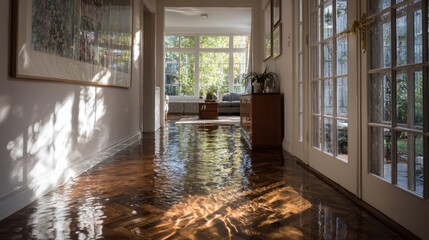 Flooded interior residential hallway with water covering the parquet flooring