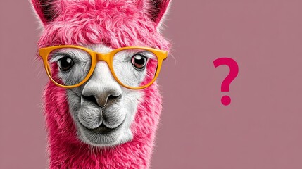Fototapeta premium Pink llama wearing yellow glasses with a curious expression against a solid pink background, featuring a question mark graphic for playful emphasis