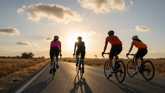 Cycling Group at Sunset &ndash; Silhouetted Riders on Rural Road for Travel Inspiration, Adventure Blogs, and World Tourism Day Concepts