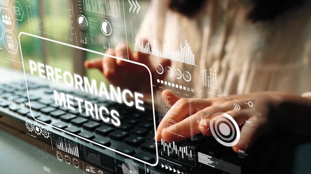 Focused Business Professional Analyzing Performance Metrics on a Laptop in a Modern Office Environment. Asymptotic smart data analytic.